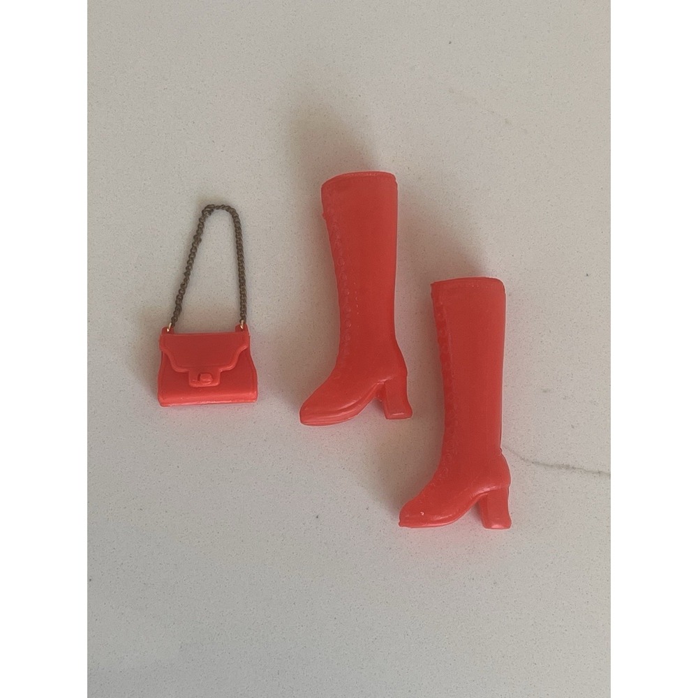 Barbie Red Lace Up Go Go Boots & Topper Dawn Bag Purse Chain Mattel Vintage